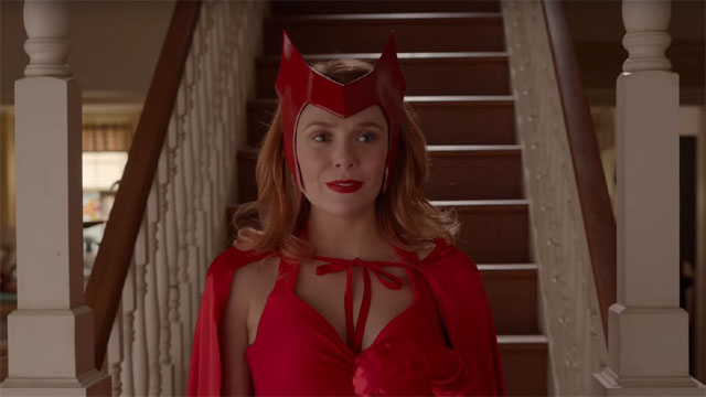 Elizabeth Olsen of WandaVision, pressed for the classic scarlet witch costume