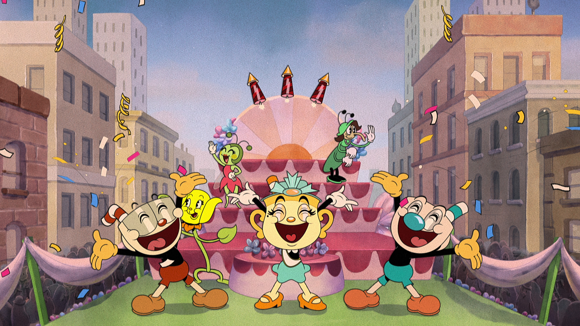 The Cuphead Show! (L to R) Tru Valentino as Cuphead, Grey Griffin as Chalice and Frank Todaro as Mugman in The Cuphead Show! Cr. COURTESY OF NETFLIX © 2022