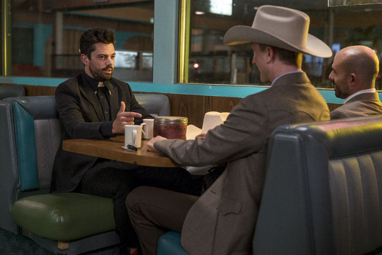 Dominic Cooper as Jesse Custer, Tom Brooke as Fiore, Anatol Yusef as DeBlancÂ - Preacher _ Season 1, Episode 5 - Photo Credit: Lewis Jacobs/Sony Pictures Television/AMC