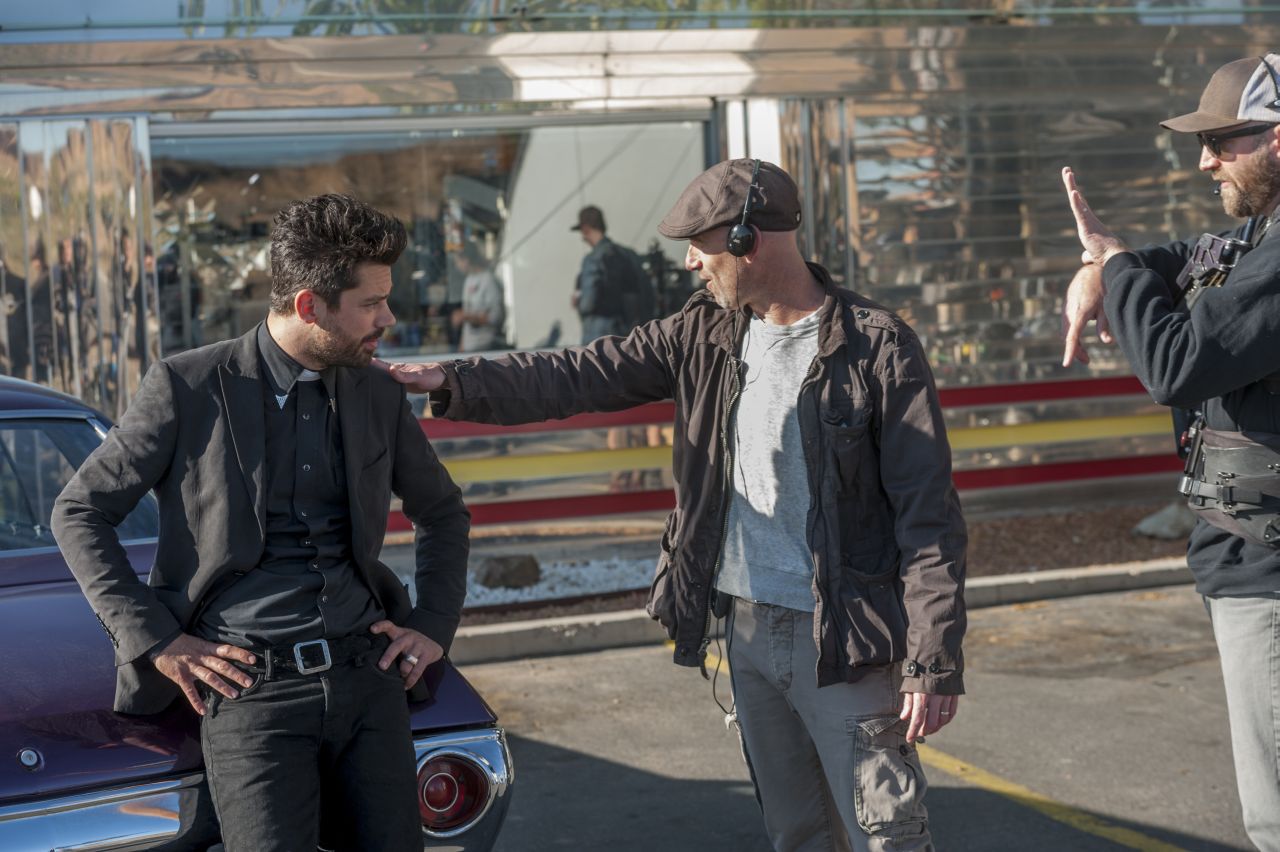 BTS, Executive Producer Sam Catlin, Dominic Cooper as Jesse CusterÂ - Preacher _ Season 1, Episode 9 - Photo Credit: Lewis Jacobs/Sony Pictures Television/AMC